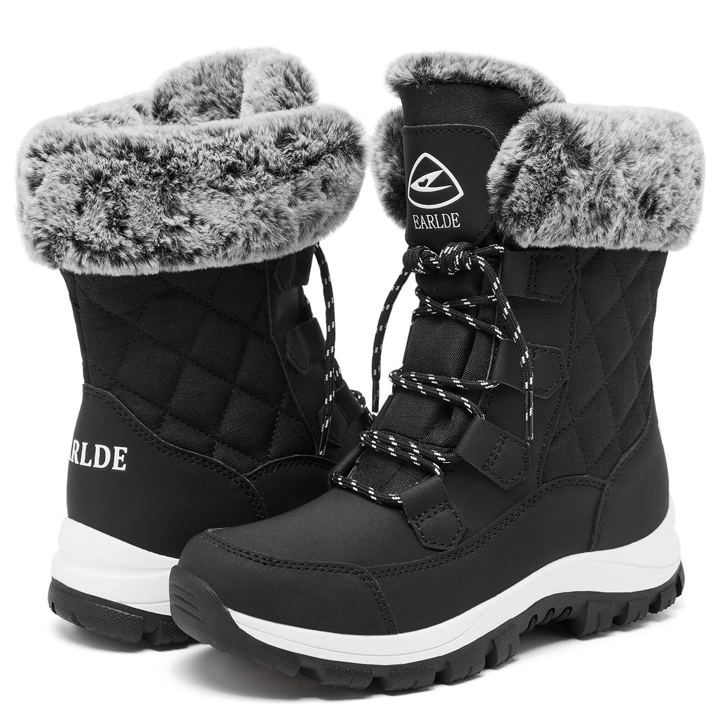 EARLDE Women’s Snow Boot With Waterproof Lace Up Mid-Calf Outdoor Winter Deep Tread Rubber Sole Size 8