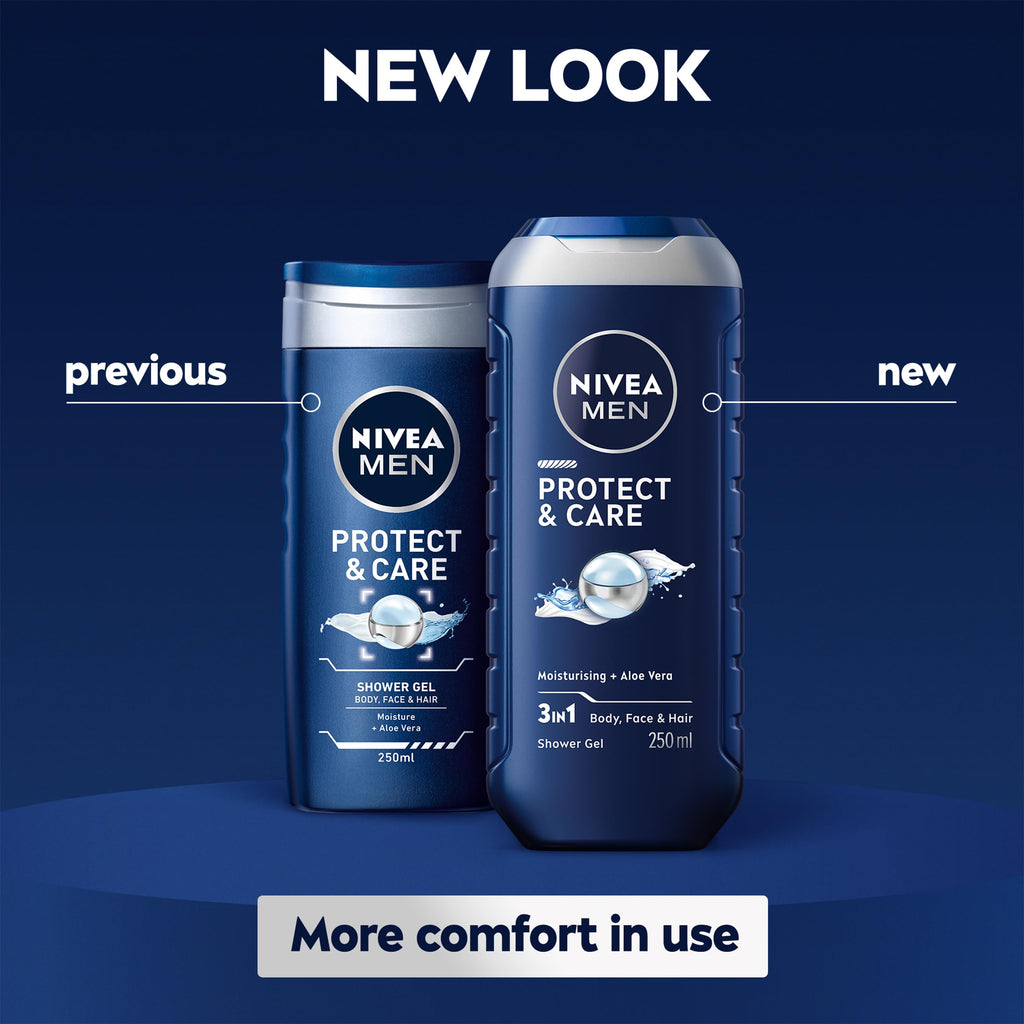 NIVEA MEN Protect & Care Shower Gel (250 ml), Moisturising 3-in-1 Body Wash for Men with Aloe Vera, Energising NIVEA MEN Shower Gel