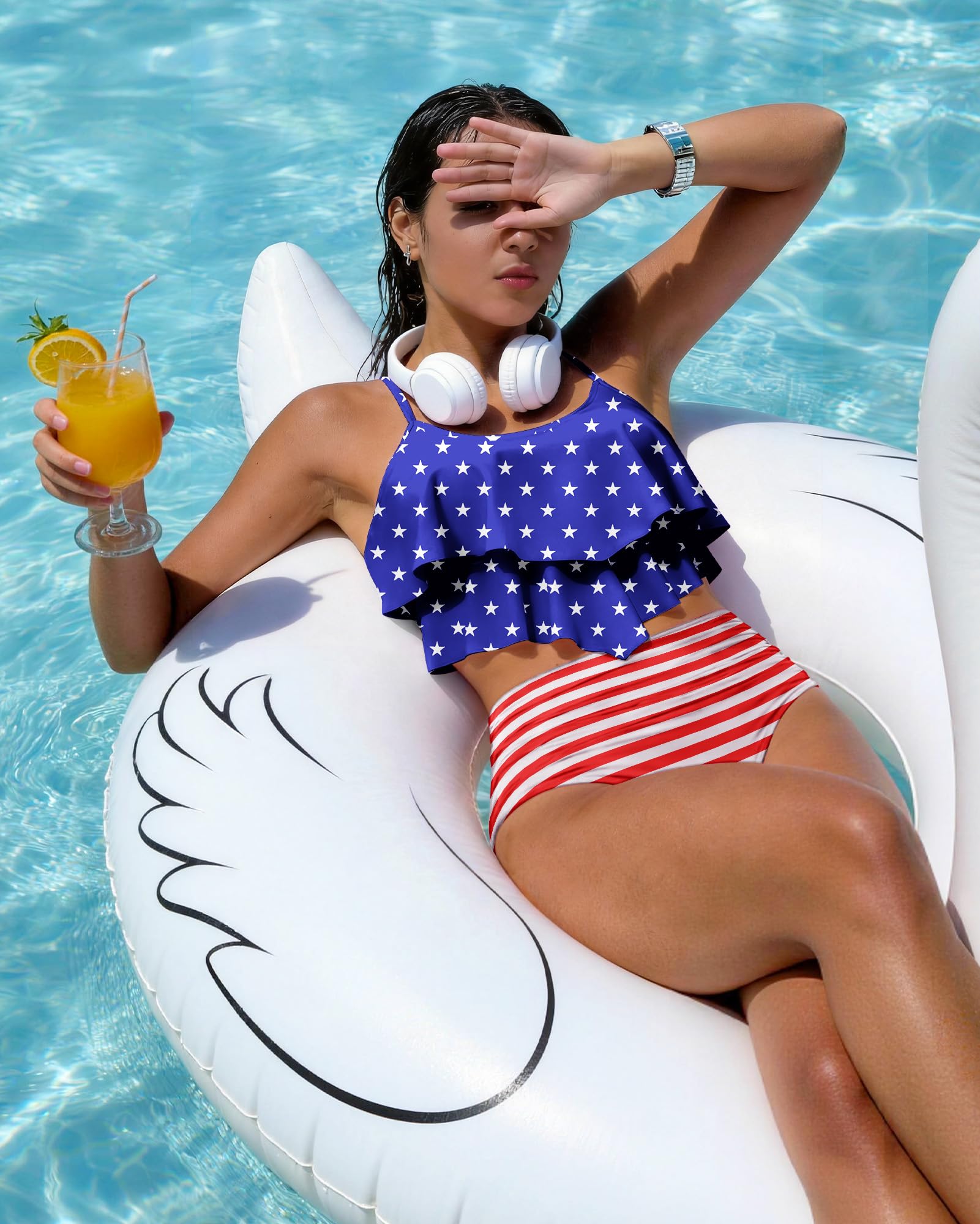 Womens High Waisted Bathing Suits Flounce Halter Tank Top Bikini Bottoms Tummy Control Modest Swimwear Two Piece Swimsuits Tankini America Flag L