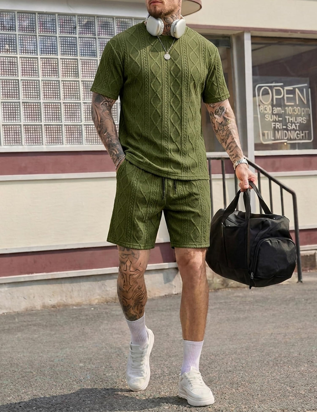 Babioboa Men's Short Sets 2 Piece Jacquard Outfit Summer Crewneck Shirt and Shorts Set Matching Lounge Set(Army Green,S)