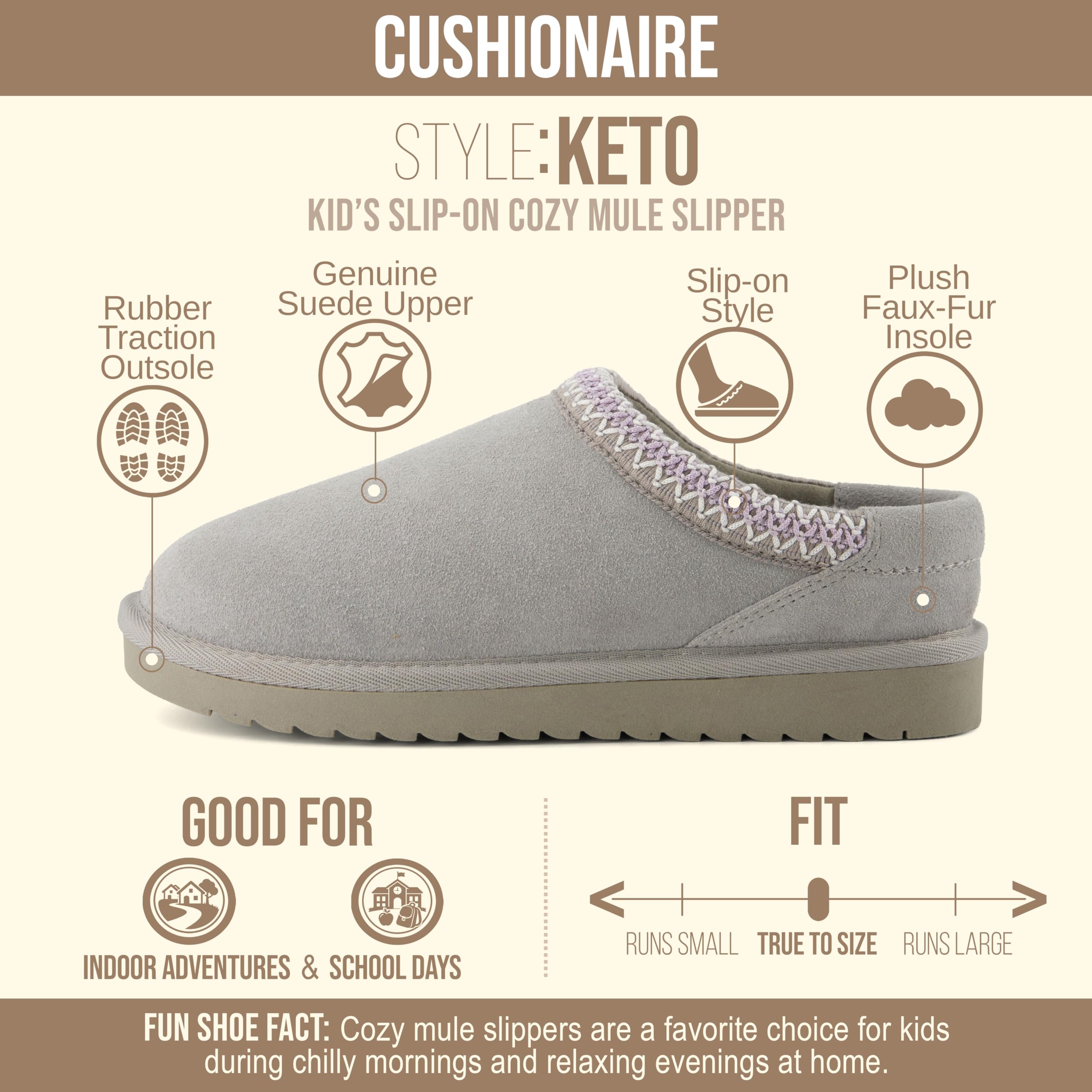 CUSHIONAIRE Keto Genuine Suede Leather Kids Slippers for Boys and Girls – Cozy Slip-On Mule House Shoes with Faux Fur Lining, Cushioned Memory Foam Comfort, GRAY/LAVENDER 3