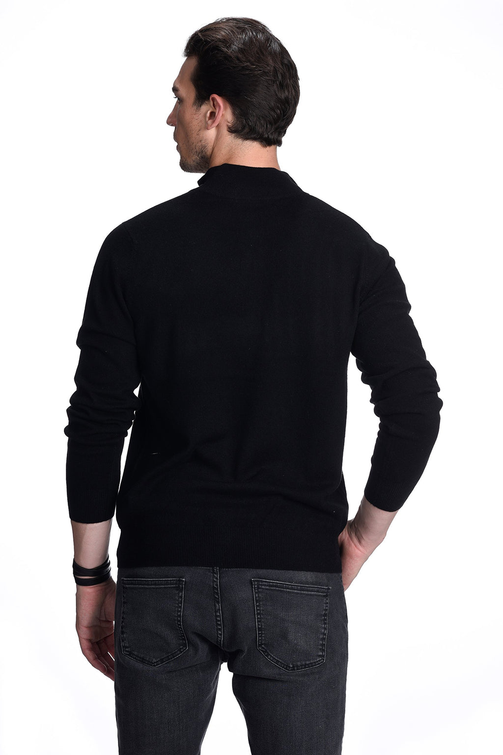 State Cashmere Men's Half Zip Mock Neck Sweater 100% Pure Cashmere Polo Neck Pullover (Black, Medium)
