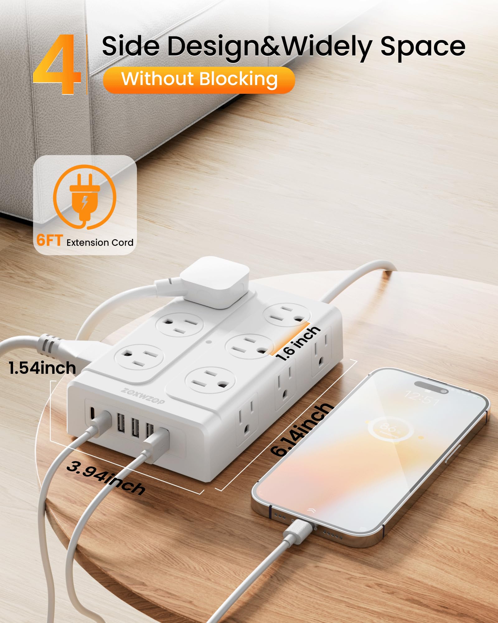 Zoxwzop Surge Protector Power Strip - 12 Outlets(1850W/15A) 6 USB Ports（2 USB C, 6FT Flat Plug Extension Cord, Wall Mount Multi Plug Outlet Extender, ETL Listed for Home, Dorm Room