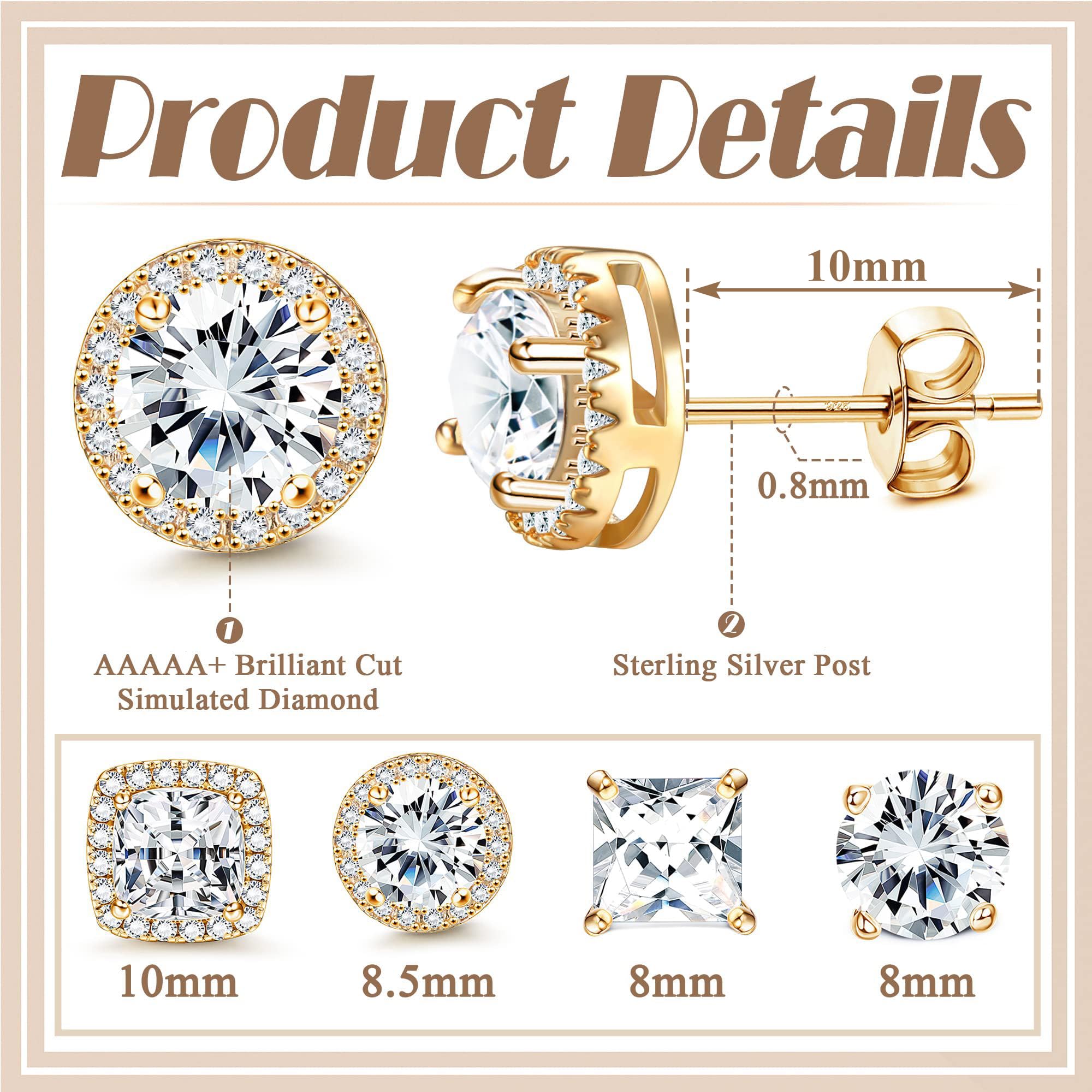 MILACOLATO Cubic Zirconia Stud Earrings Women Men 18K Yellow Gold Plated Hypoallergenic Sterling Silver Post Earrings Brilliant Large Simulated Diamond Halo Stud Earrings for Sensitive Ears
