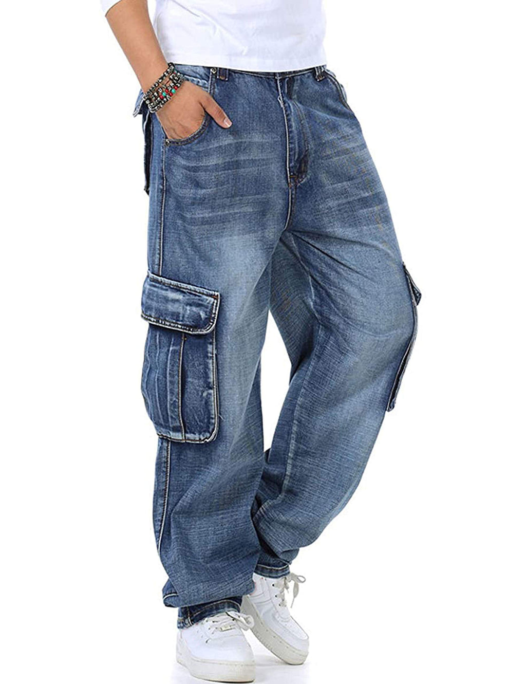 Yeokou Men's Casual Loose Hip Hop Denim Work Pants Jeans with Cargo Pockets(LightBlue-44)