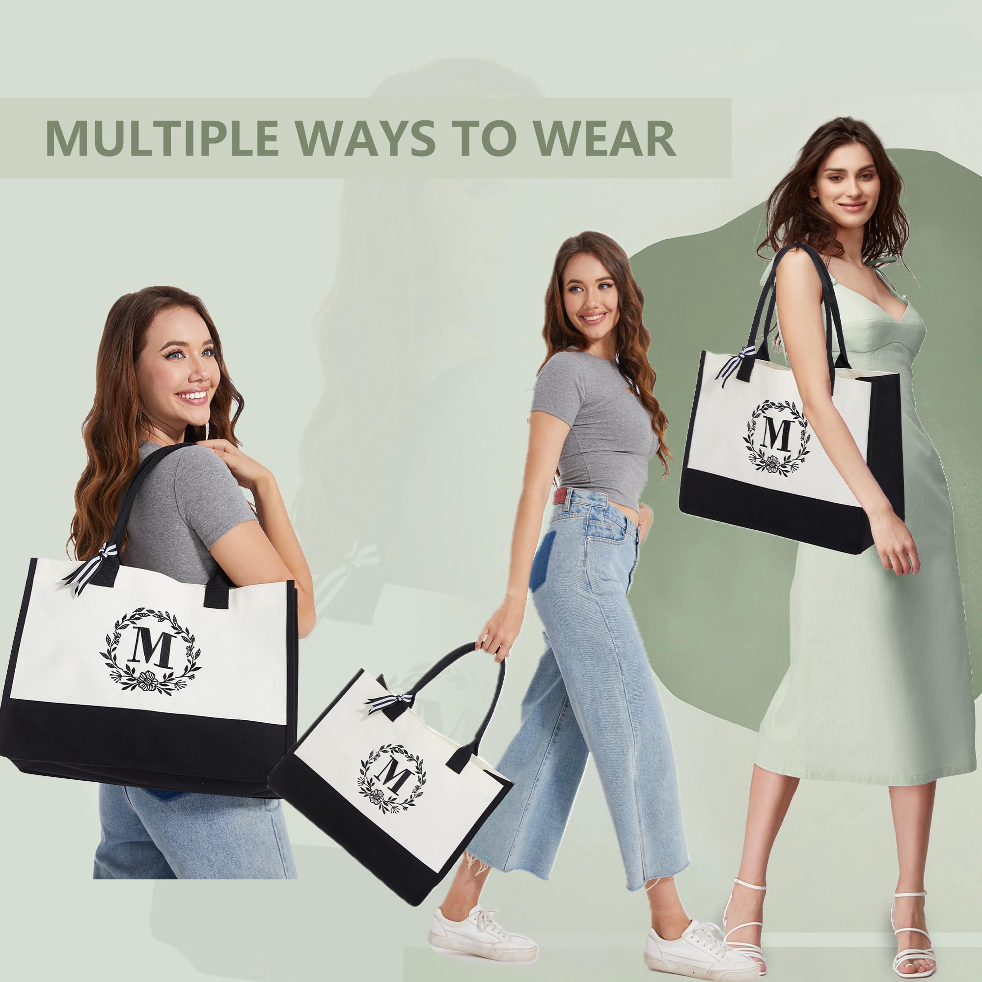 BeeGreen Embroidery Monogram Initial Tote Bags for Women Teacher Mom Friend Bride Personalized Gift Baskets for Birthday Beach Work Wedding Large Unique Cute Canvas Bag for Coworkers Sister Nurse S