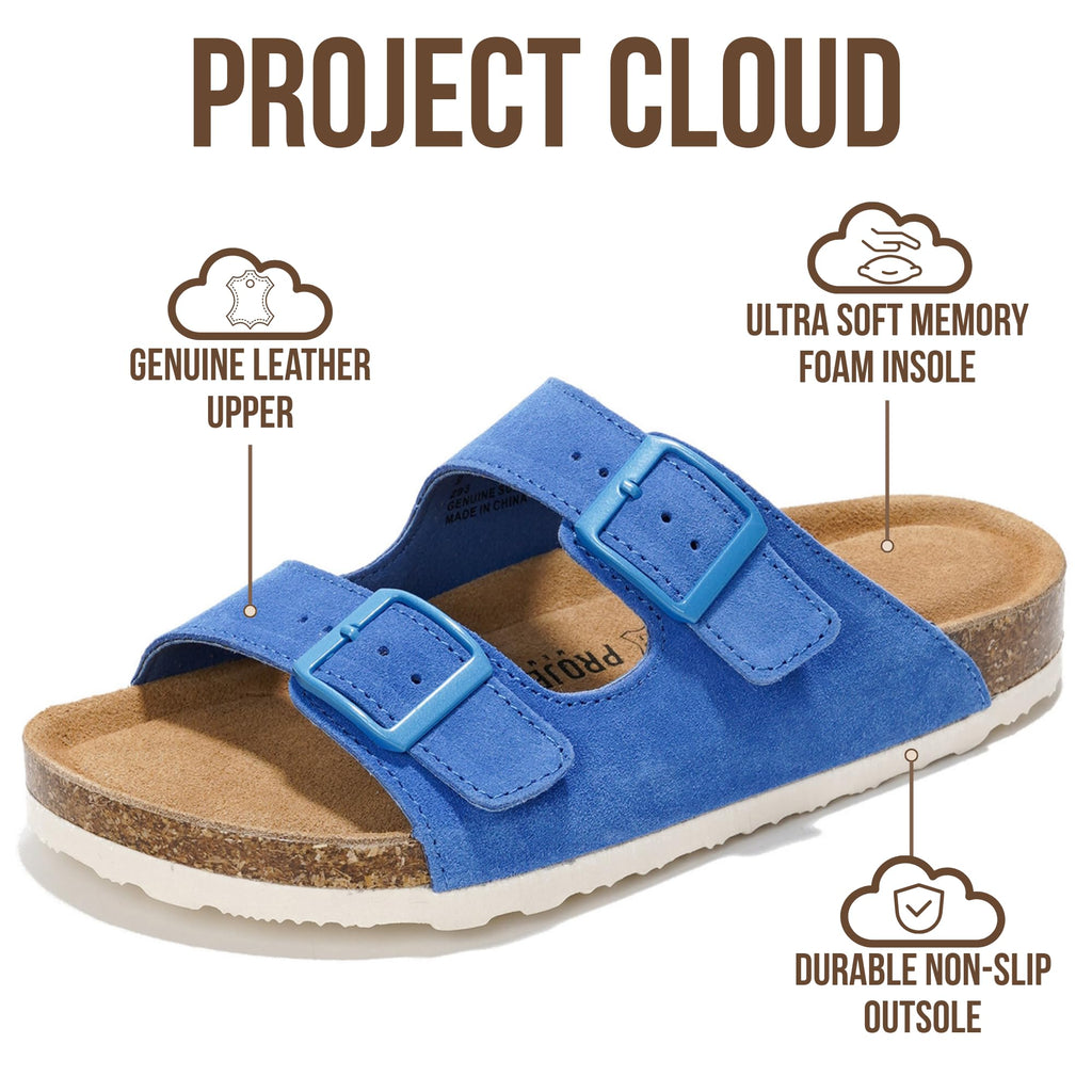 Project Cloud 100% Genuine Leather Flat Sandals For Women 2026 Cork Footbed Womens Sandals with Memory Foam and arch support Vacation Essentials Slides for Women Footwear (Venita, OCEAN, 5.5)