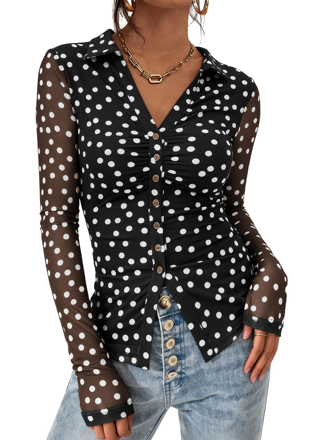PRETTYGARDEN Women Button Down Floral Shirts 2026 Fall Trendy Long Sleeve V Neck Mesh Boho Blouse Spring Tops Date Outfits (01 Dot Black White,Large)