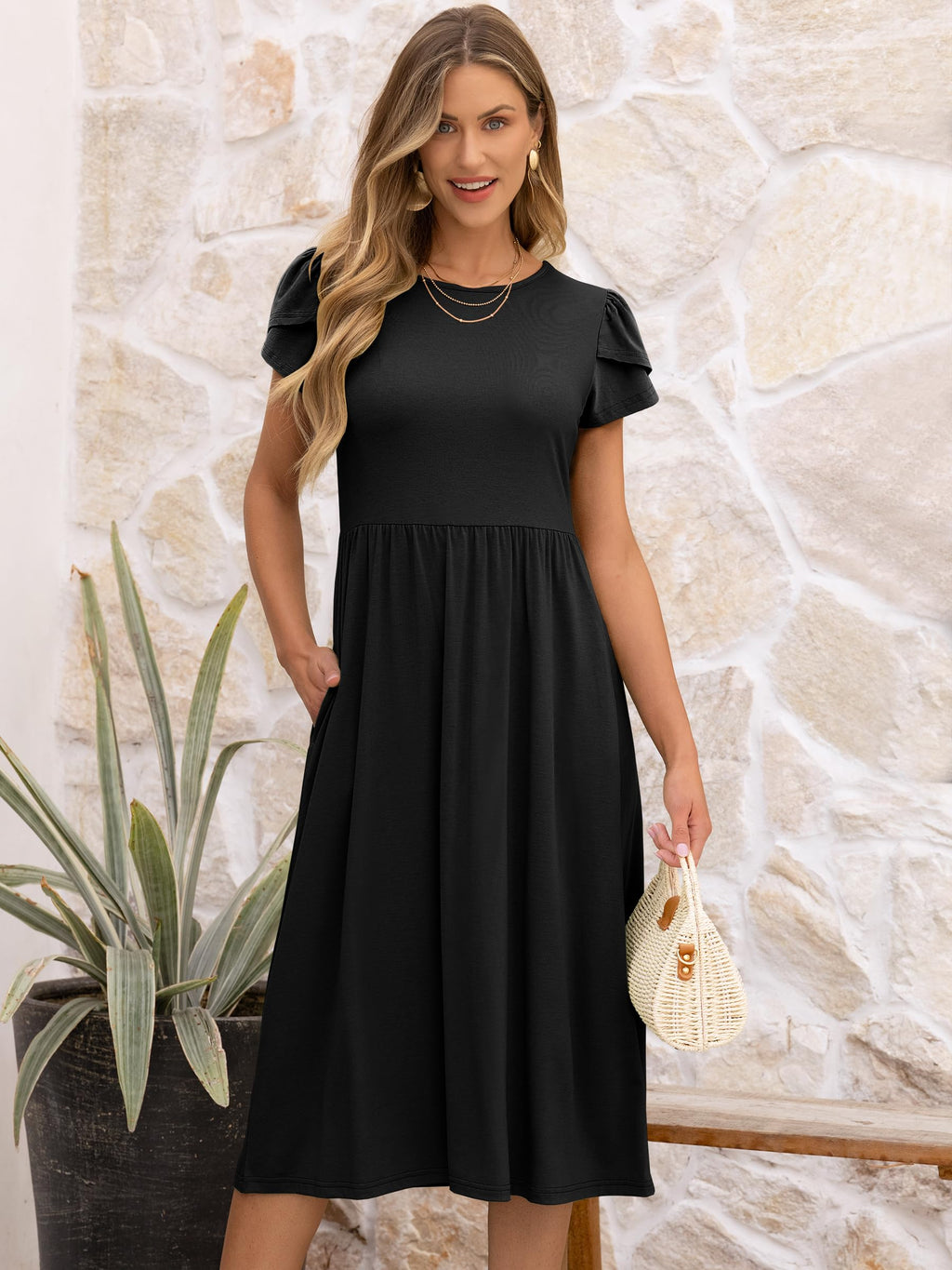 ANRABESS Women's Summer Short Sleeve A-Line Midi Dresses Casual Floral T-Shirt Dresses Flowy Beach Sundress with Pockets Black X-Large