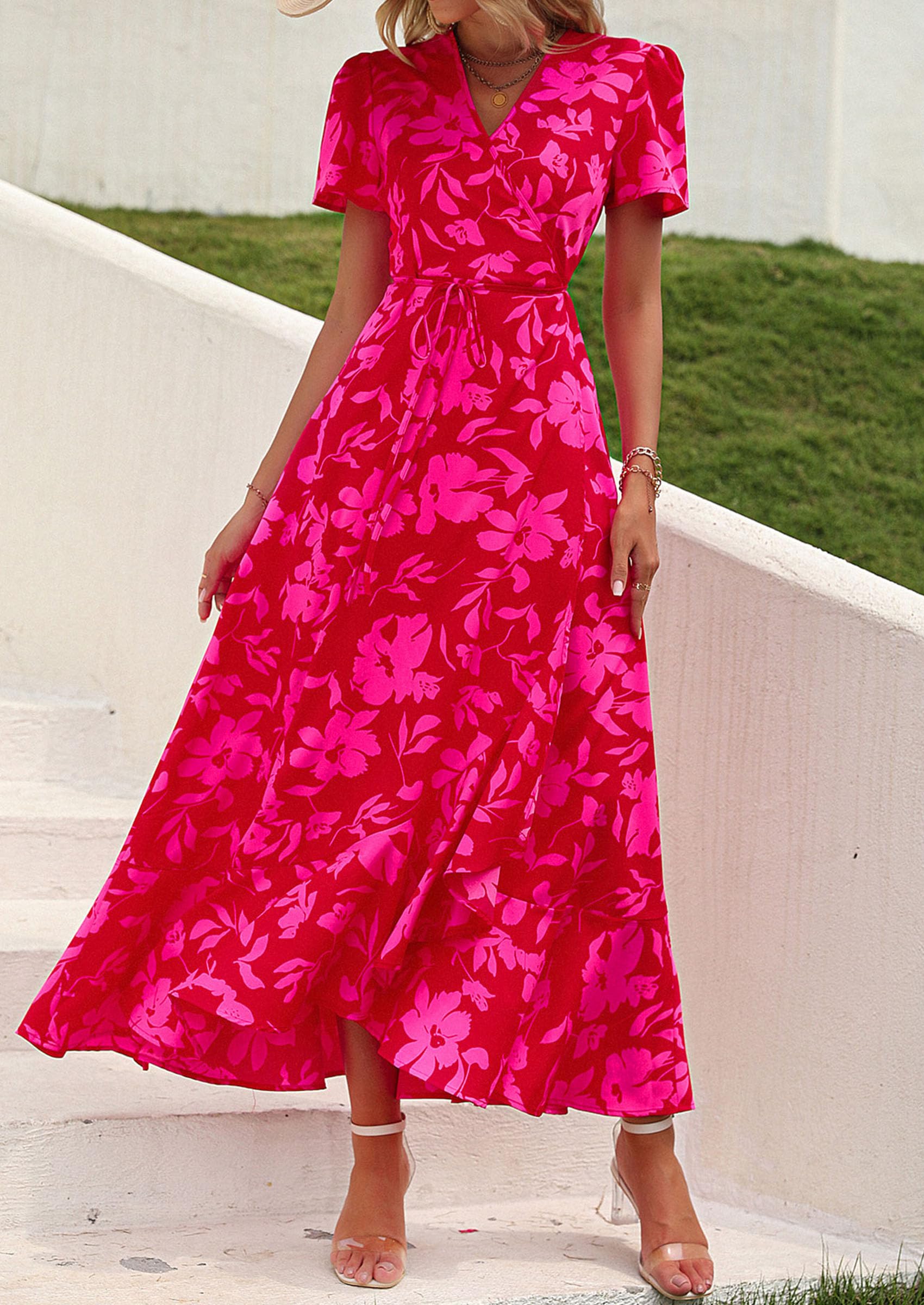 PRETTYGARDEN Women's Summer Wrap Maxi Dress Casual Boho Floral V Neck Short Sleeve Ruffle Hem Split Beach Long Dresses (Red Floral,Large)
