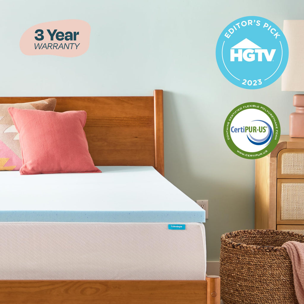 LINENSPA Memory Foam Mattress Topper - 2 Inch Gel Infused Memory Foam - Plush Feel - Cooling and Pressure Relieving - CertiPUR Certified - Dorm Room Essentials - Queen Size