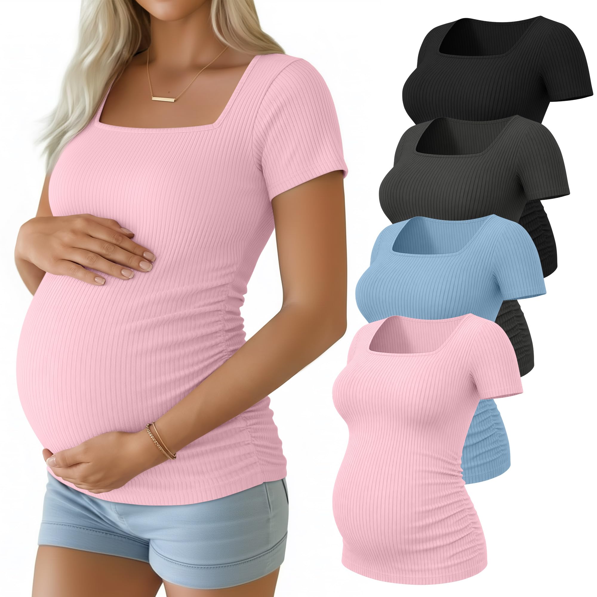 Huukeay 4 Pack Women's Short Sleeve Maternity Shirts, Small, 4-Color