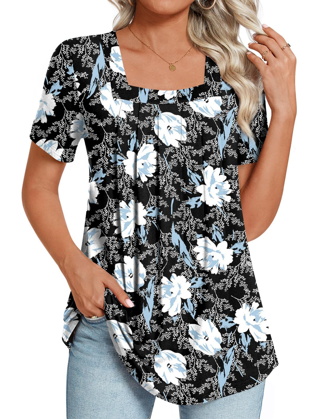 LONGYUAN Womens Tunic Tops 2025 Summer Casual Square Neck Shirts Print 2X-Large White Lily