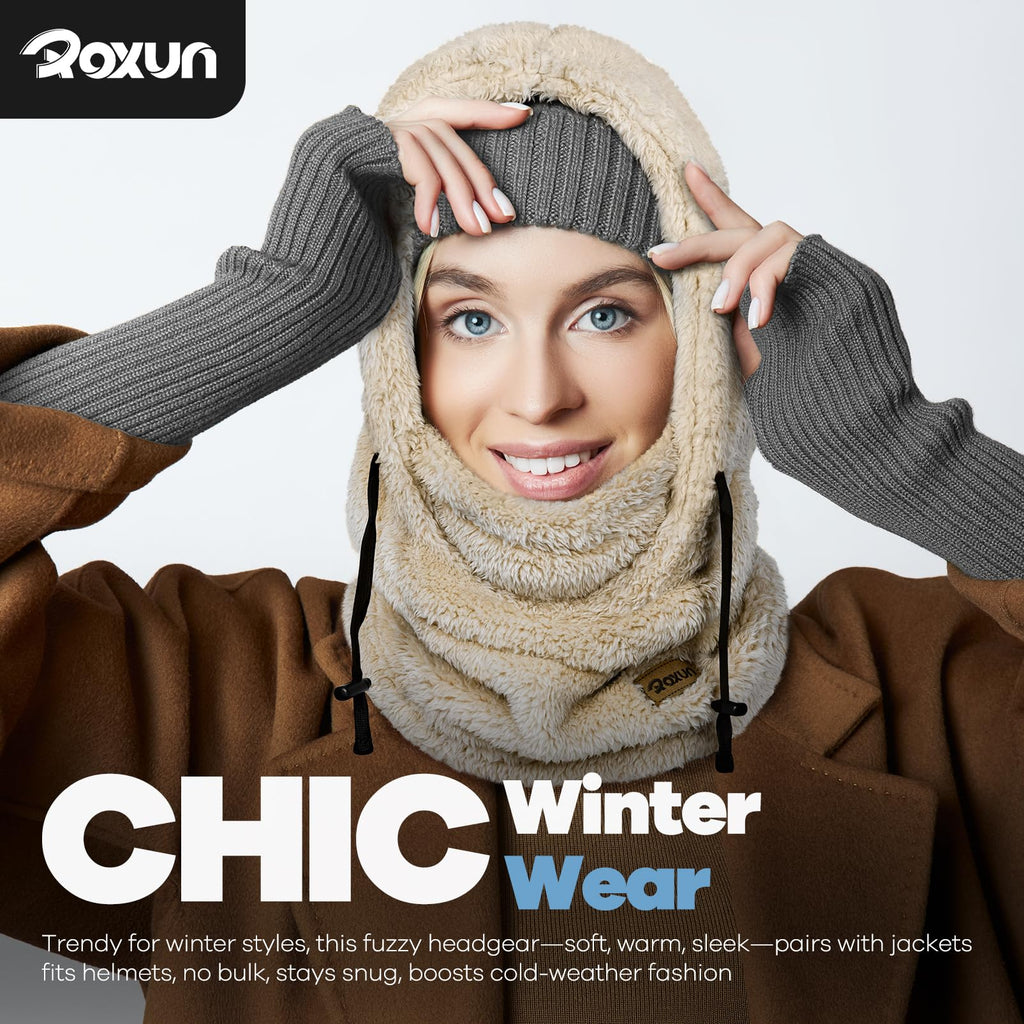 ROXUN Ski Mask Fleece Balaclava, Windproof Face Mask Winter Warm Neck Cover Hat Hood for Men Women Black