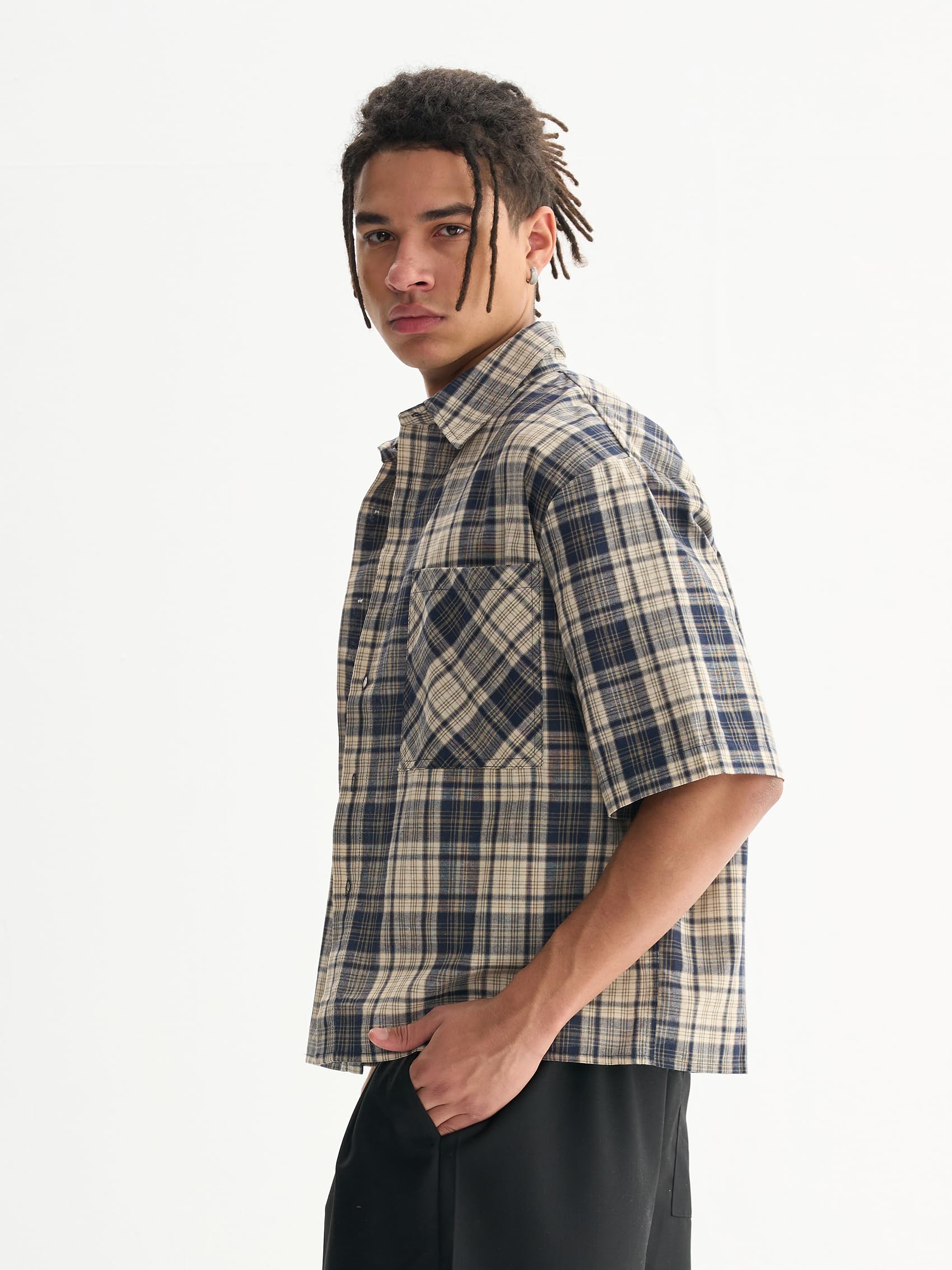 Comfy Quality Boxy Fit Cropped Check Men's T-Shirts Streetwear Short Sleeve Button Down Tops Shirts for Man (US, Alpha, Large, Regular, Regular, Blue)