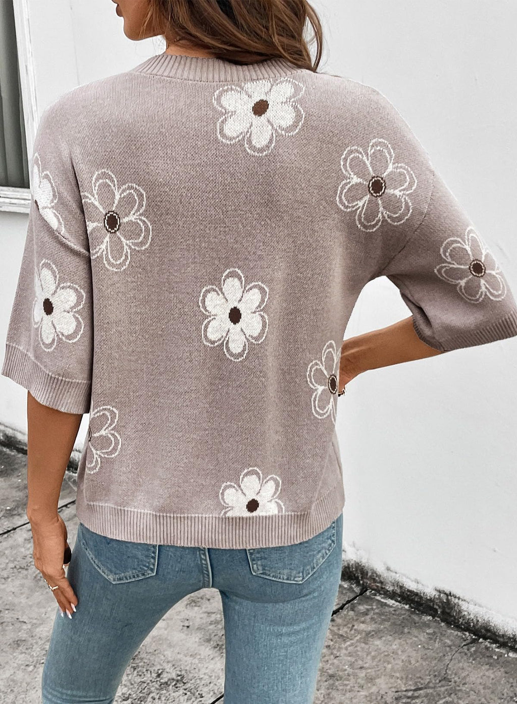 Dokotoo Short Sleeve Shirts for Womens Crewneck Floral Cute Summer Tops for Women Trendy Blouses Tops Business Casual Outfits Soft Cotton Womens Pullover Sweaters Fashion Clothing Gray Medium