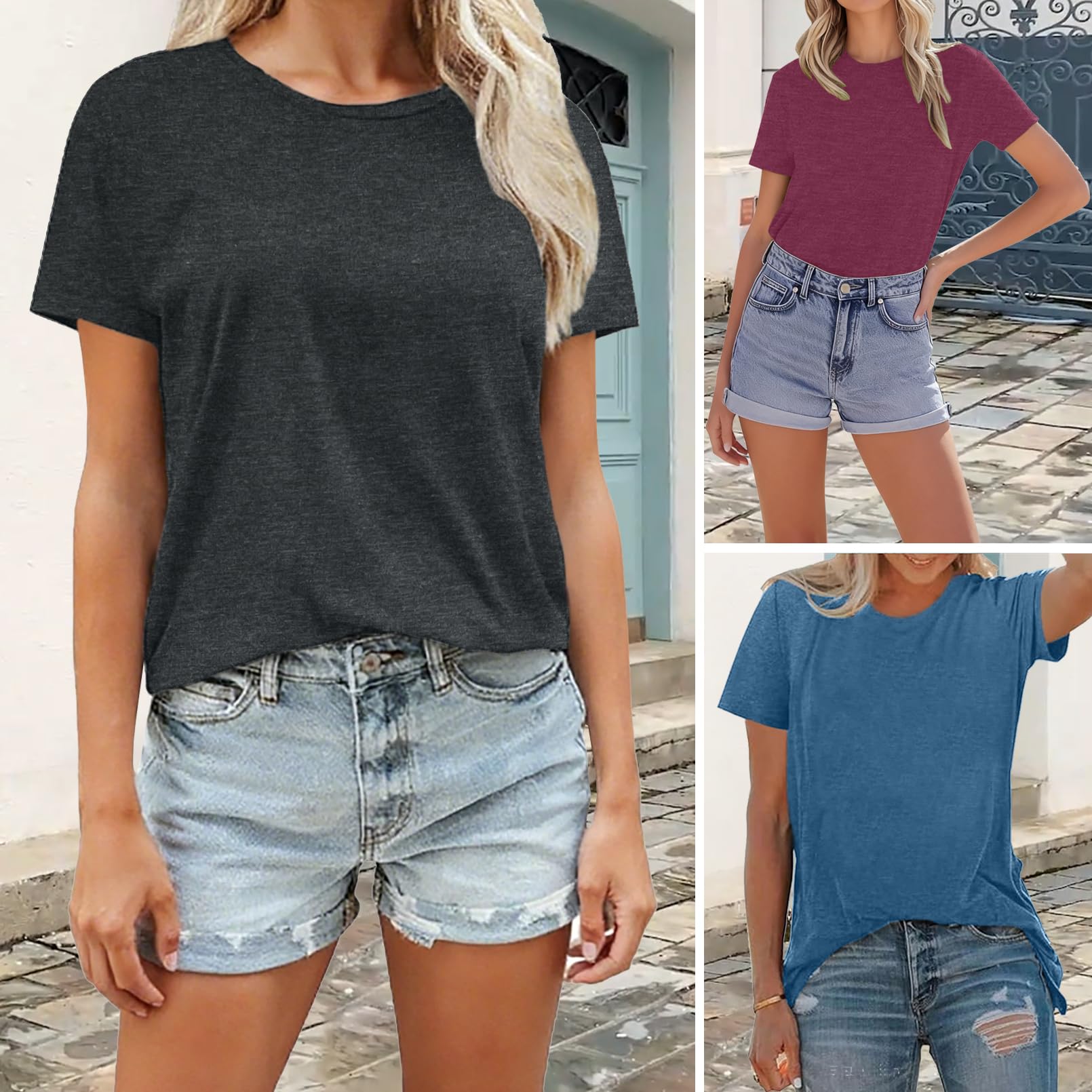 BLACKMYTH Womens 3 Pack Basic T Shirts Summer Tops 2026 Fashion Short Sleeve Comfy Casual Vacation Tees Indigo WineRed Darkgrey X-Large