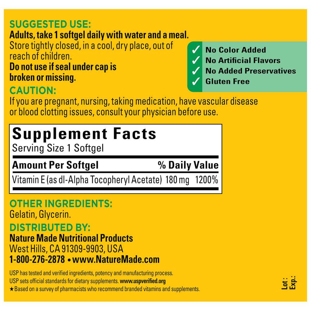 Nature Made Vitamin E 180 mg (400 IU) dl-Alpha, Dietary Supplement for Antioxidant and Skin Support, 300 Softgels, 300 Day Supply