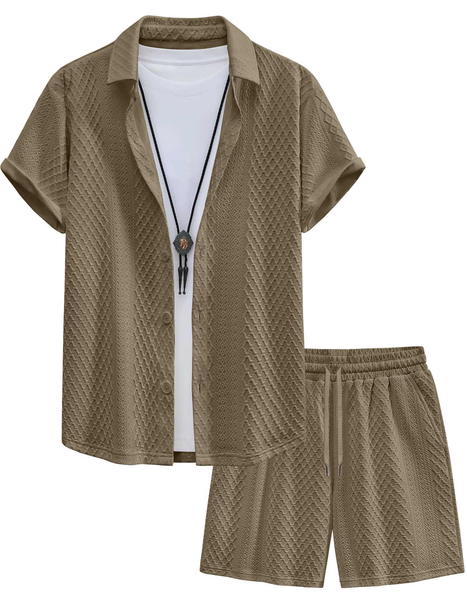 UOUA Mens Summer Outfits Waffle Knit 2 Piece Short Sets Casual Button Down Shirt & Shorts Khaki （M-3XL）