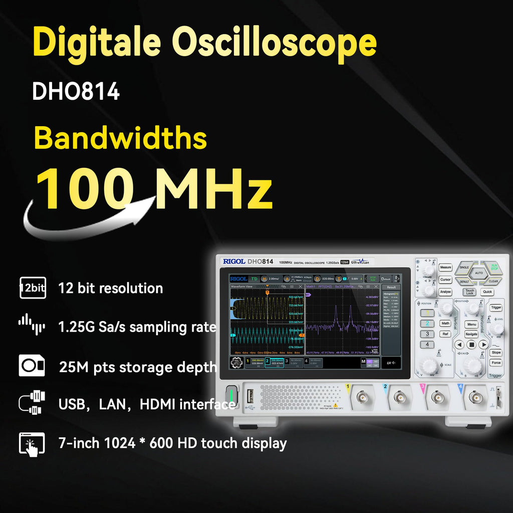 RIGOL Digital Oscilloscope DHO814 100 MHz 4-Ch 1.25 GSa/s 12-bit 25 Mpts UltraAcquire 1,000,000 wfms/s 7" Touch LAN/USB/HDMI Web Control SCPI for Power Ripple MCU Bus Debug