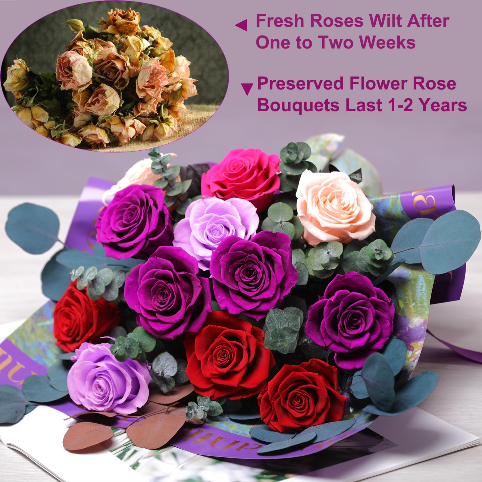 Lovenfold Flowers for Delivery Birthday Flowers Gift for Her,Preserved Flowers Bouquet 12 Roses Mixed Bouquet,Rose Gifts for Women Mom Grandma(Mixed 12 Purple-B Roses)
