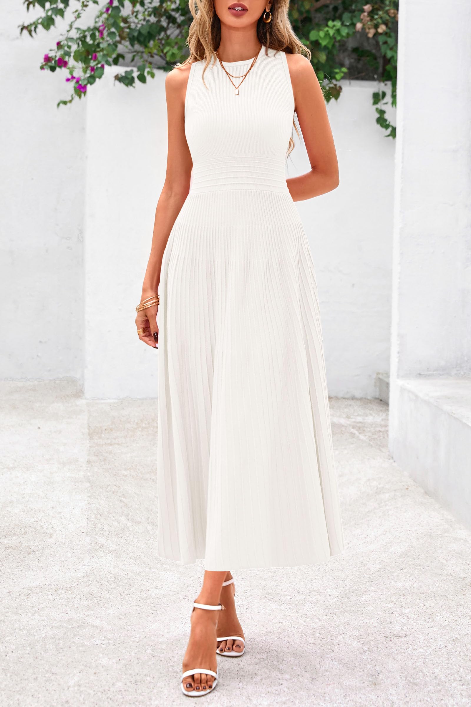 PRETTYGARDEN Spring Casual Dresses for Women 2025 Summer Business Work Midi Sleeveless A Line Pleated Cocktail Dress(White,Medium)