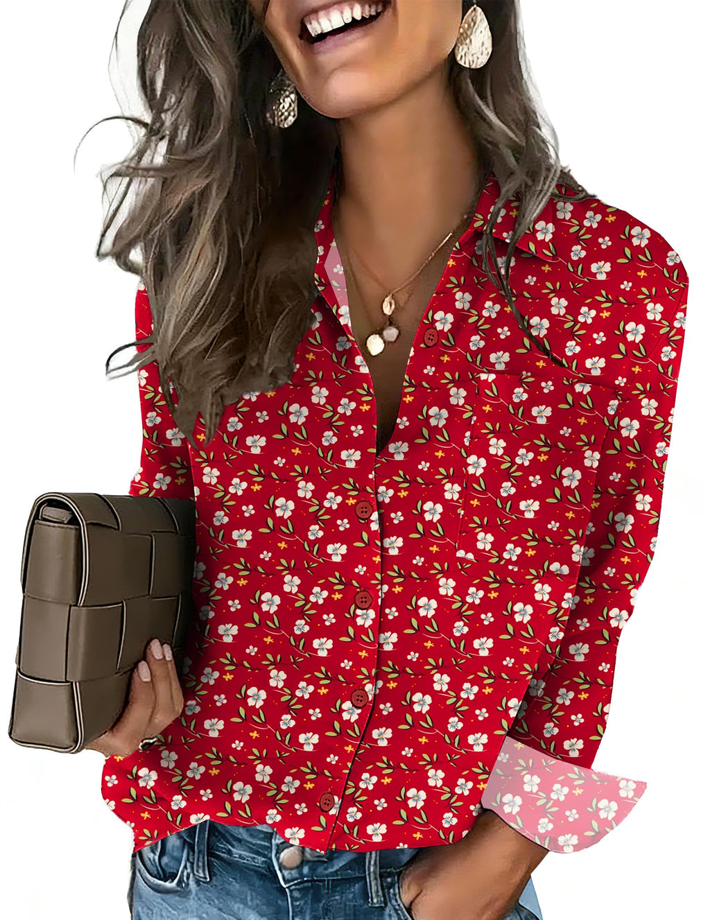 HOTOUCH Button Down Shirts for Women Red Floral Dressy Tops Long Sleeve Casual Blouses Spring Fashion S