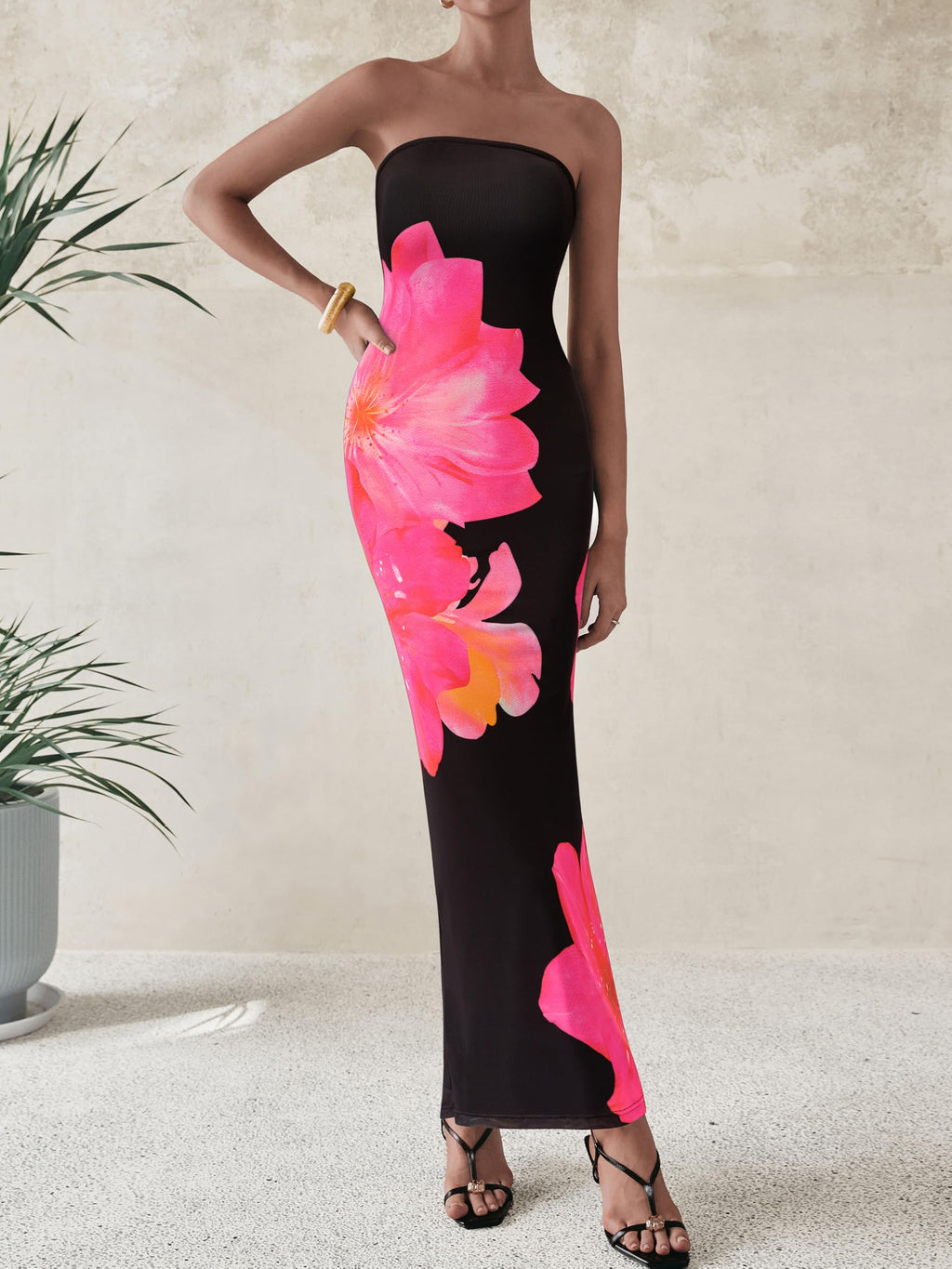 PRETTYGARDEN Women Summer Strapless Maxi Dress Bodycon Floral Sexy Long Wedding Guest Dress Formal Tube Mesh Cocktail Dresses(Black Pink Flower,Medium)