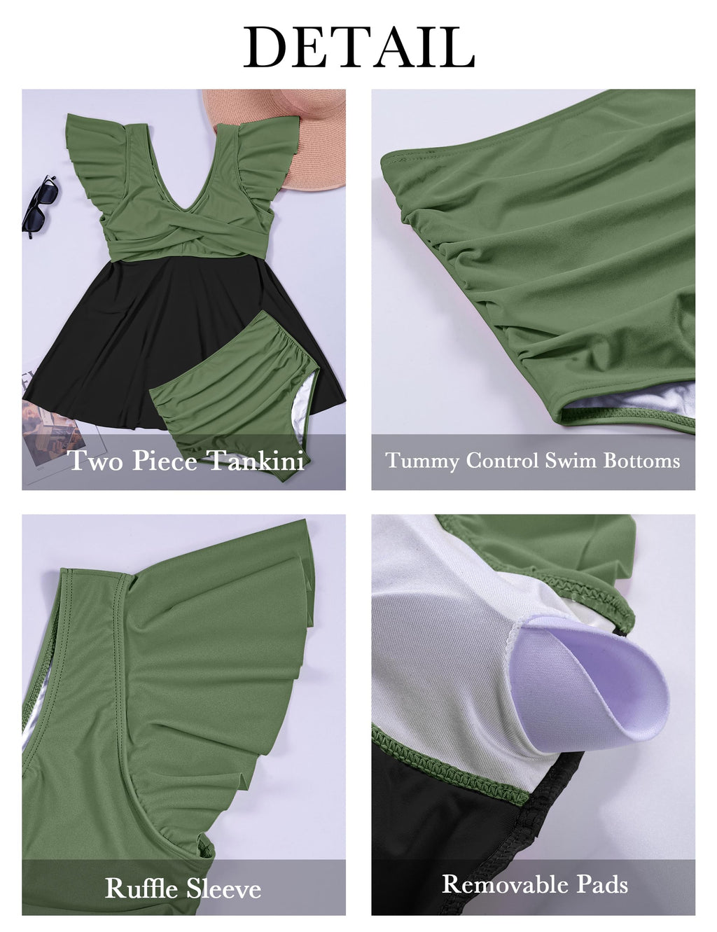 Edelqual Women's Plus Size Tankini Swimsuits Swim Dress Tummy Control Bathing Suits Two Piece Full Coverage High Waisted Modest Curvy Swimwear 2025(Army Green and Black,2XL)