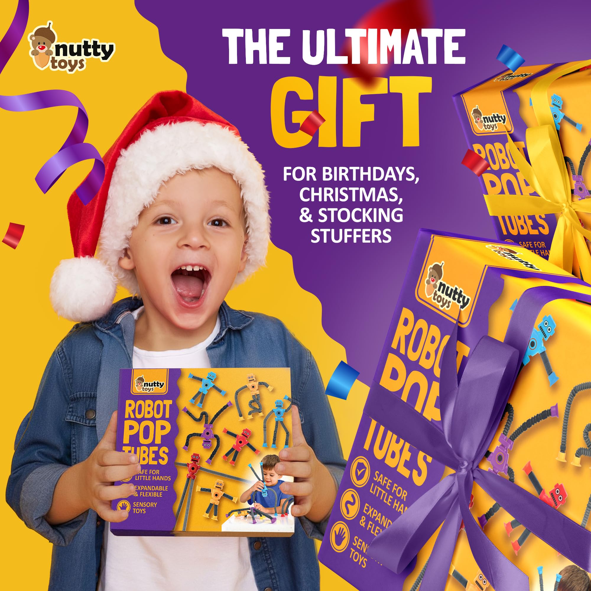 nutty toys Sensory Robot Toys 4pk - Top Pop Tubes Fidget 2026 for ADHD & Autism Ages 3 4 5 6 7 8 9 10 11 12, Best Kids Travel Idea, Unique Easter & Valentines Day Toddler, Tween, Girl & Boy Gifts