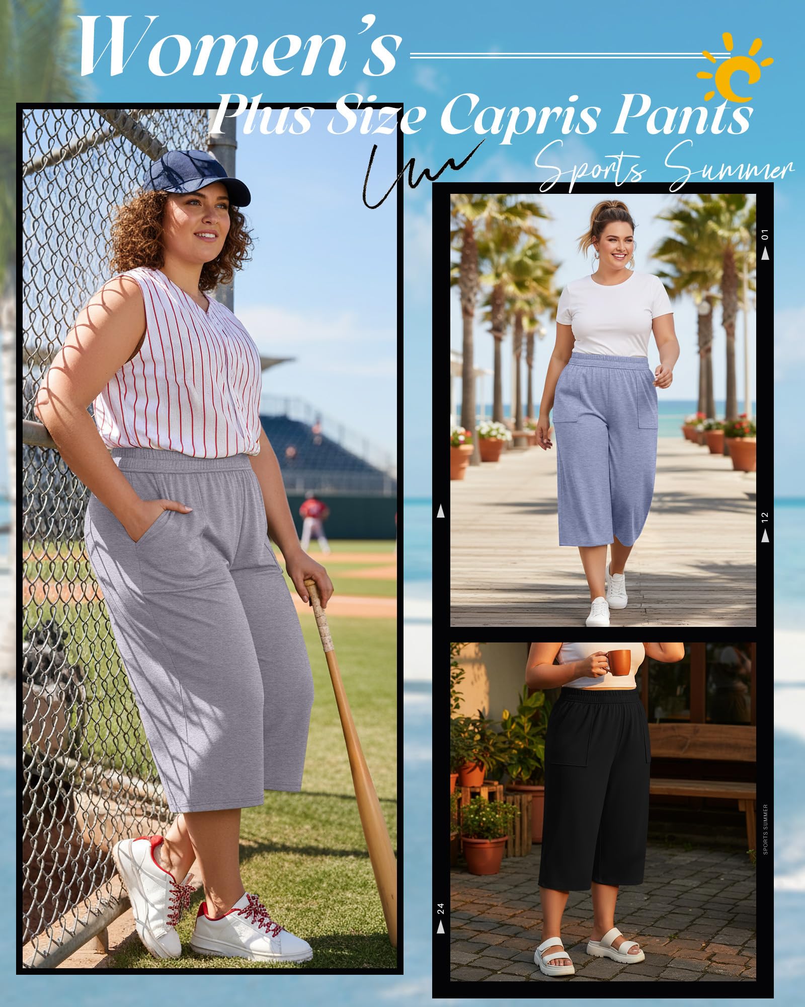 Neer 3 Pack Women's Plus Size Capris Pants, 3-Color, 3X-Large