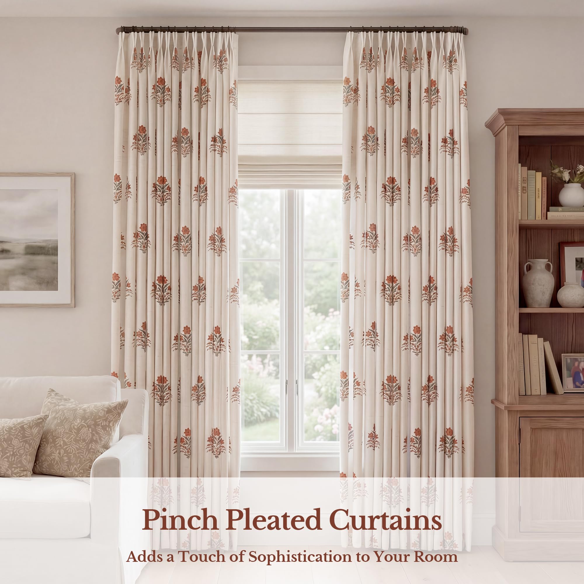 THREE GIRLS Pinch Pleated Curtains Light Filtering Red Floral Curtains for Living Room Bedroom Dining Room 84 Inches Luxury Linen Drapes Farmhouse Window Curtains with Hooks - 2 Panels Set, 40" x 84"
