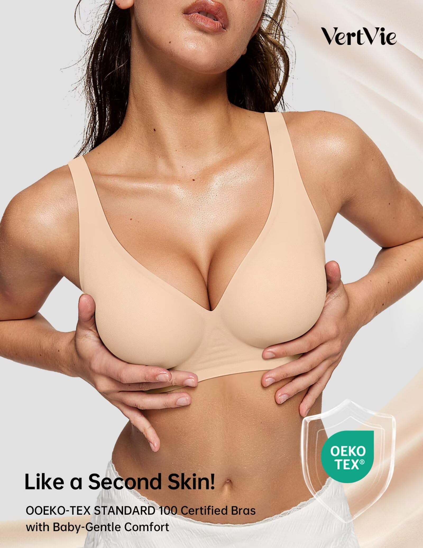 Vertvie Jelly Wireless Bras for Women Push Up Plunge Seamless T-Shirt Bras No Underwire Supportive Full Coverage Bralettes(Nude,Large)