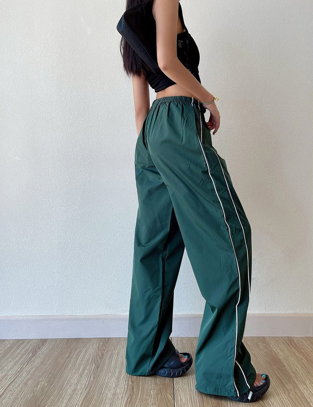 Springrain Womens Wide Leg Track Pants Slouchy Stripe Detail Jogger Sweatpants with Pockets(ArmyGreen-XS)