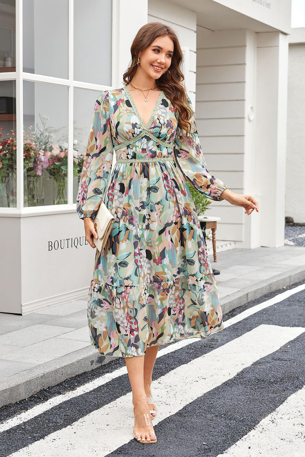 Women's Spring Wrap Maxi Dress Floral V Neck Long Sleeve Wedding Guest Party Casual Chiffon Dress Green L