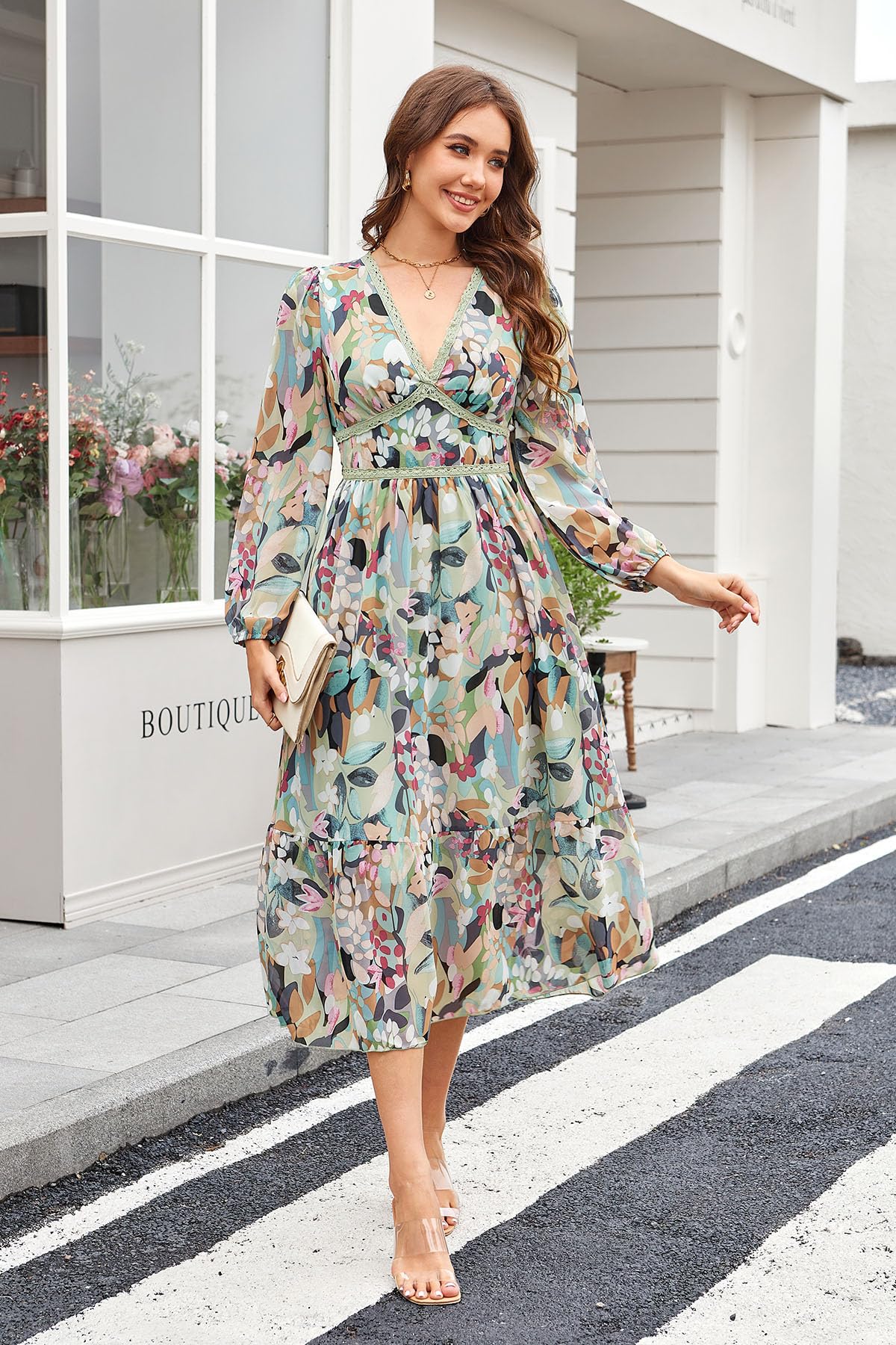 Women's Spring Wrap Maxi Dress Floral V Neck Long Sleeve Wedding Guest Party Casual Chiffon Dress Green L