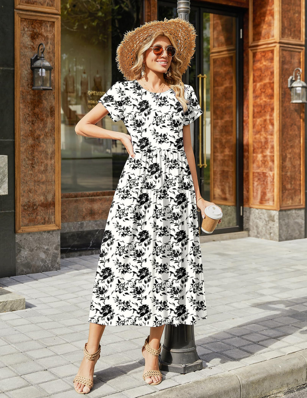 Zeagoo Plus Size Dresses for Wedding Guest Summer Petal Sleeve Loose Round Neck Floral Dress White Black Floral 3XL