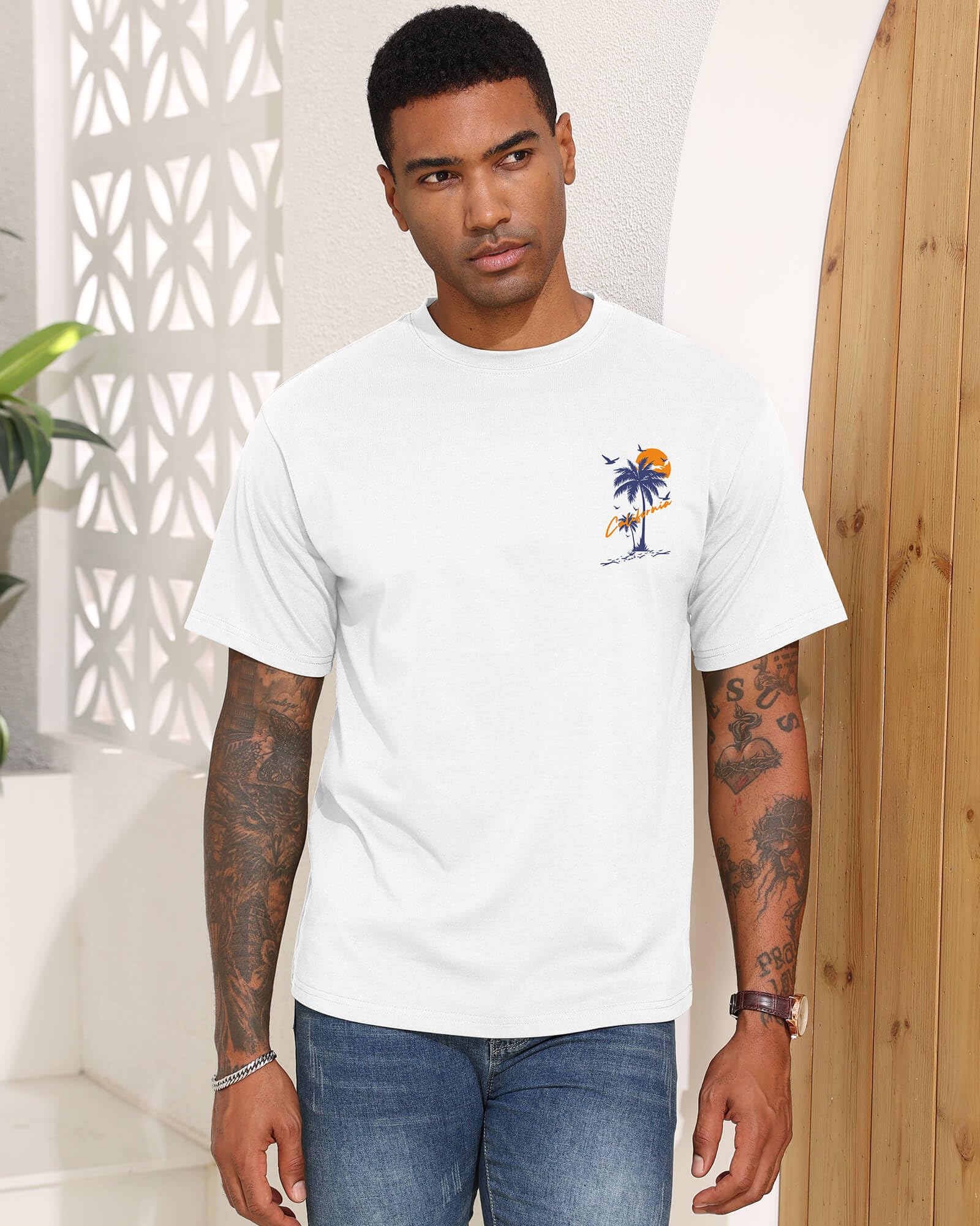 Mens Graphic T-Shirts Short Sleeve WEST Coast Palm Tree Print Summer Top 100% Cotton Casual California Tees for Men White