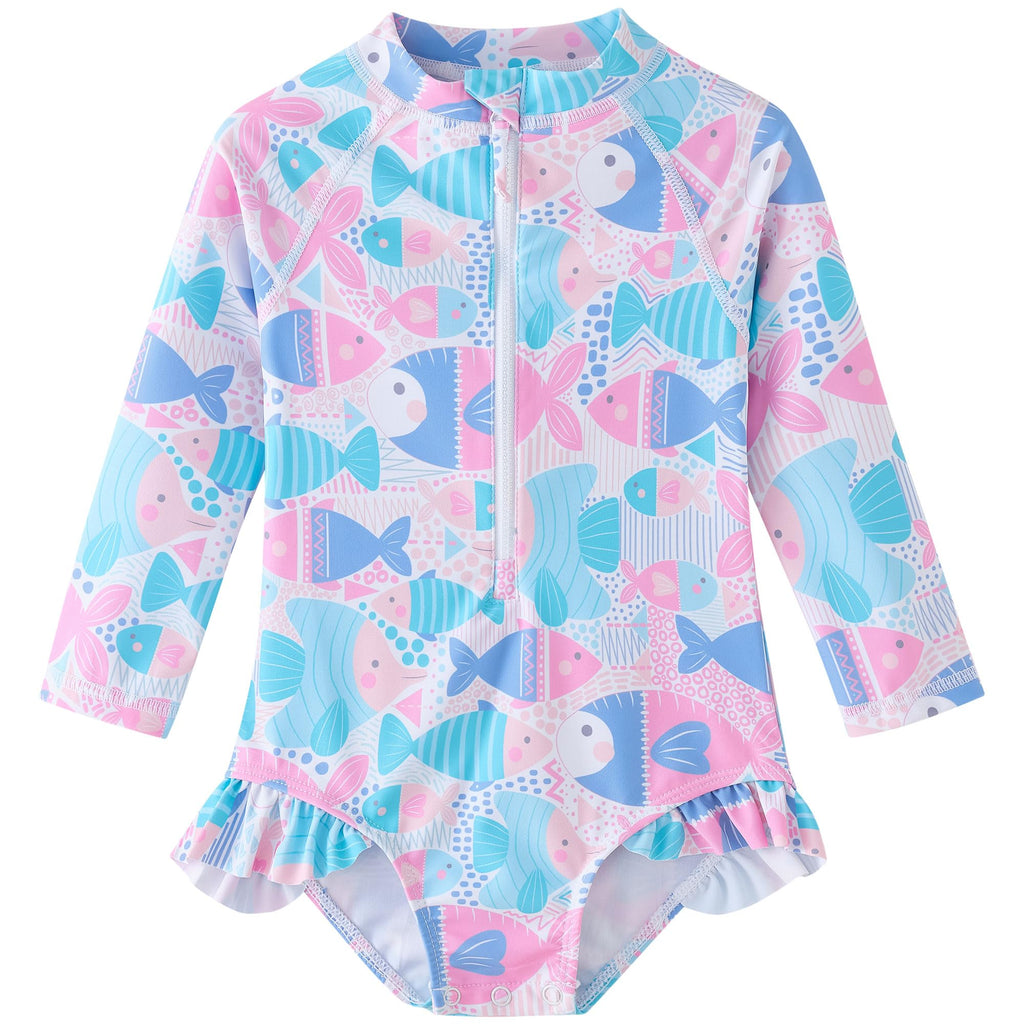 UMELOK Toddler Girls One Piece Swimsuit Long Sleeve Bathing Suit UPF 50+ Sun Protection Rash Guard Swimwear with Zipper Cute Fish,4T