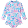 UMELOK Toddler Girls One Piece Swimsuit Long Sleeve Bathing Suit UPF 50+ Sun Protection Rash Guard Swimwear with Zipper Cute Fish,4T