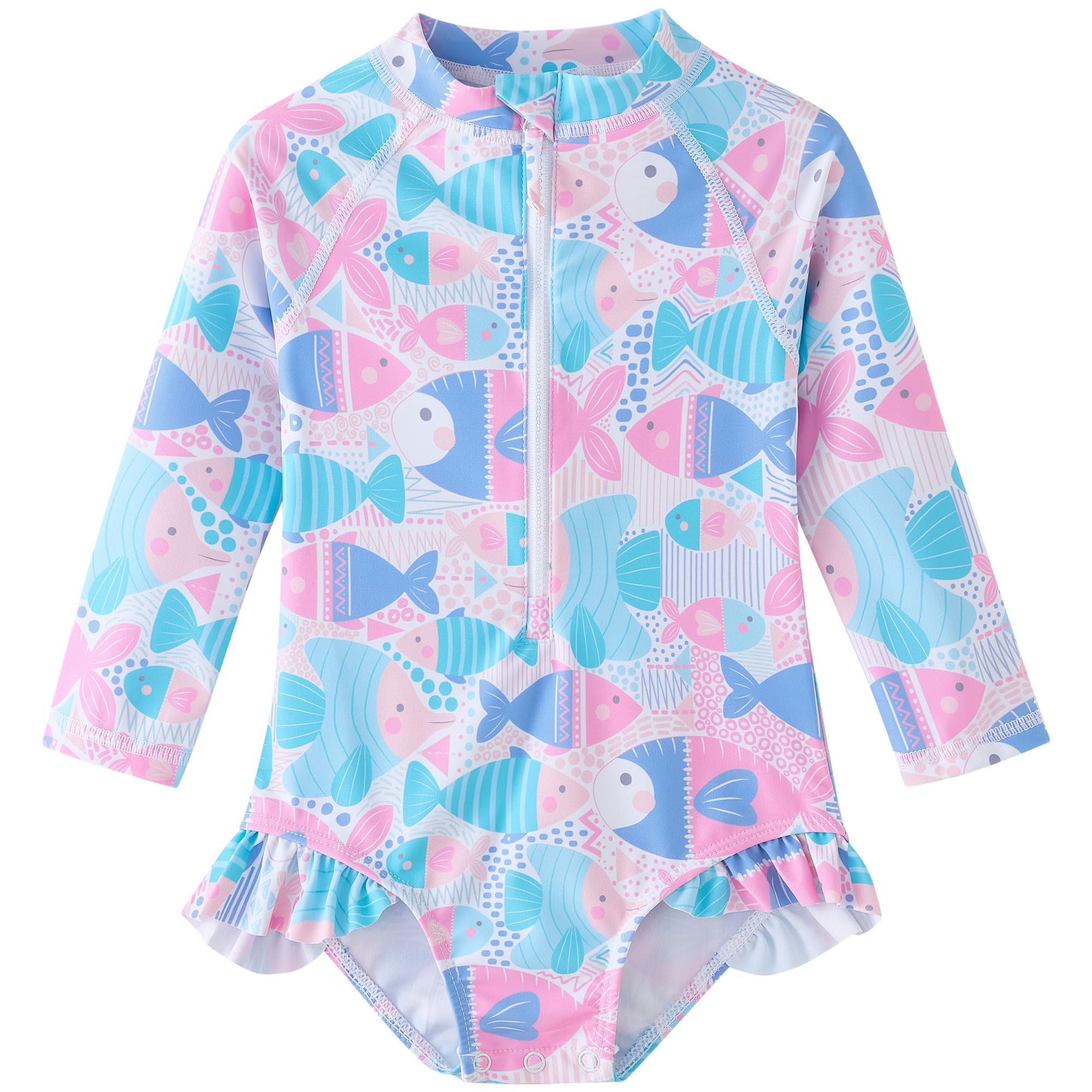 UMELOK Toddler Girls One Piece Swimsuit Long Sleeve Bathing Suit UPF 50+ Sun Protection Rash Guard Swimwear with Zipper Cute Fish,4T