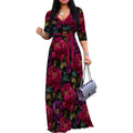 PinkPatty Plus Size Maxi Dress for Women 3/4 Sleeve V Neck Printing Dress Wedding Guest Sundress with Belt (A-Red/Purple Peony 2XL)