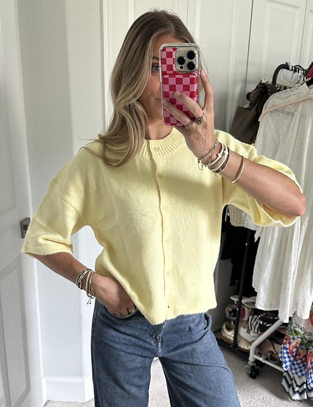 Springrain Cardigan Sweaters for Women Lightweight Knit Cropped Cardigan Button Up Solid Knitwear(Yellow-S)