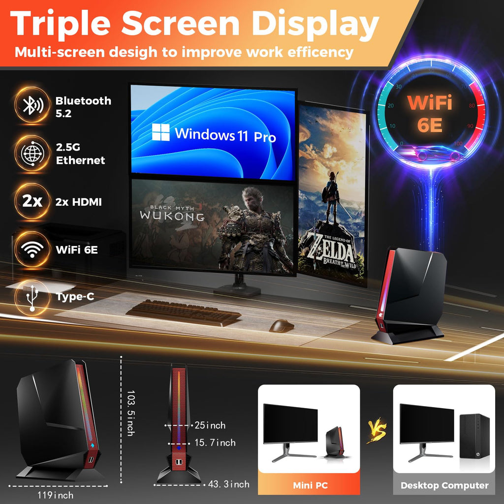 sinbun Mini Gaming PC, 12Th Gen Core i9-12900HK, RTX 3050 Ti 8G GDDR6 Gaming Computers, 32GB DDR4 RAM 1TB PCIe SSD, RGB Lights/Triple Display/2.5G LAN/WiFi 6E BT5.2, Win 11 Pro Desktop PC, Black