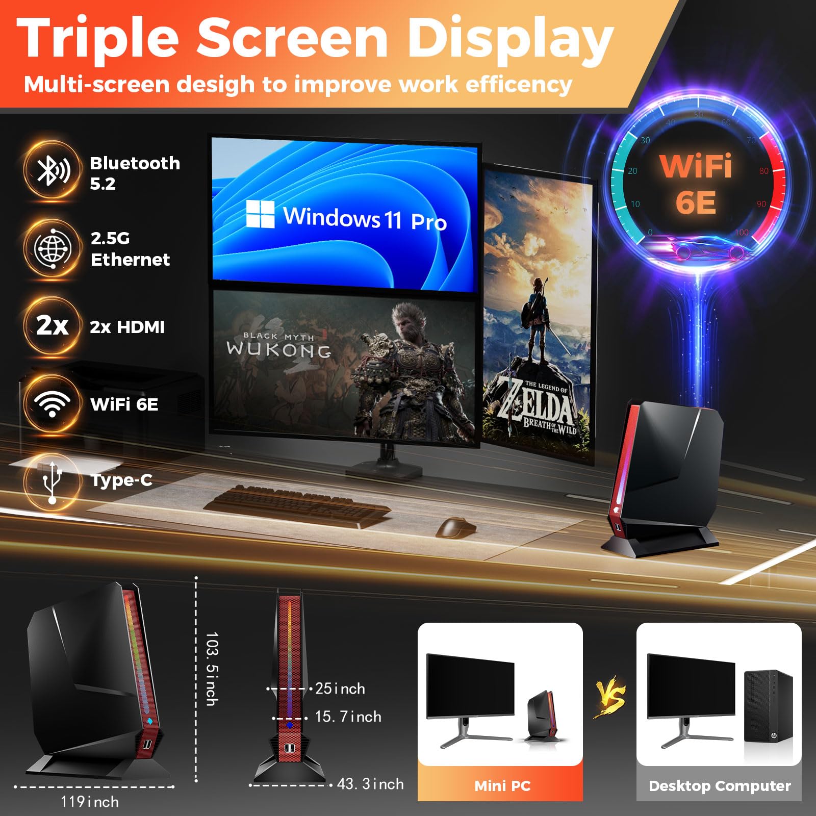 sinbun Mini Gaming PC, 12Th Gen Core i9-12900HK, RTX 3050 Ti 8G GDDR6 Gaming Computers, 32GB DDR4 RAM 1TB PCIe SSD, RGB Lights/Triple Display/2.5G LAN/WiFi 6E BT5.2, Win 11 Pro Desktop PC, Black