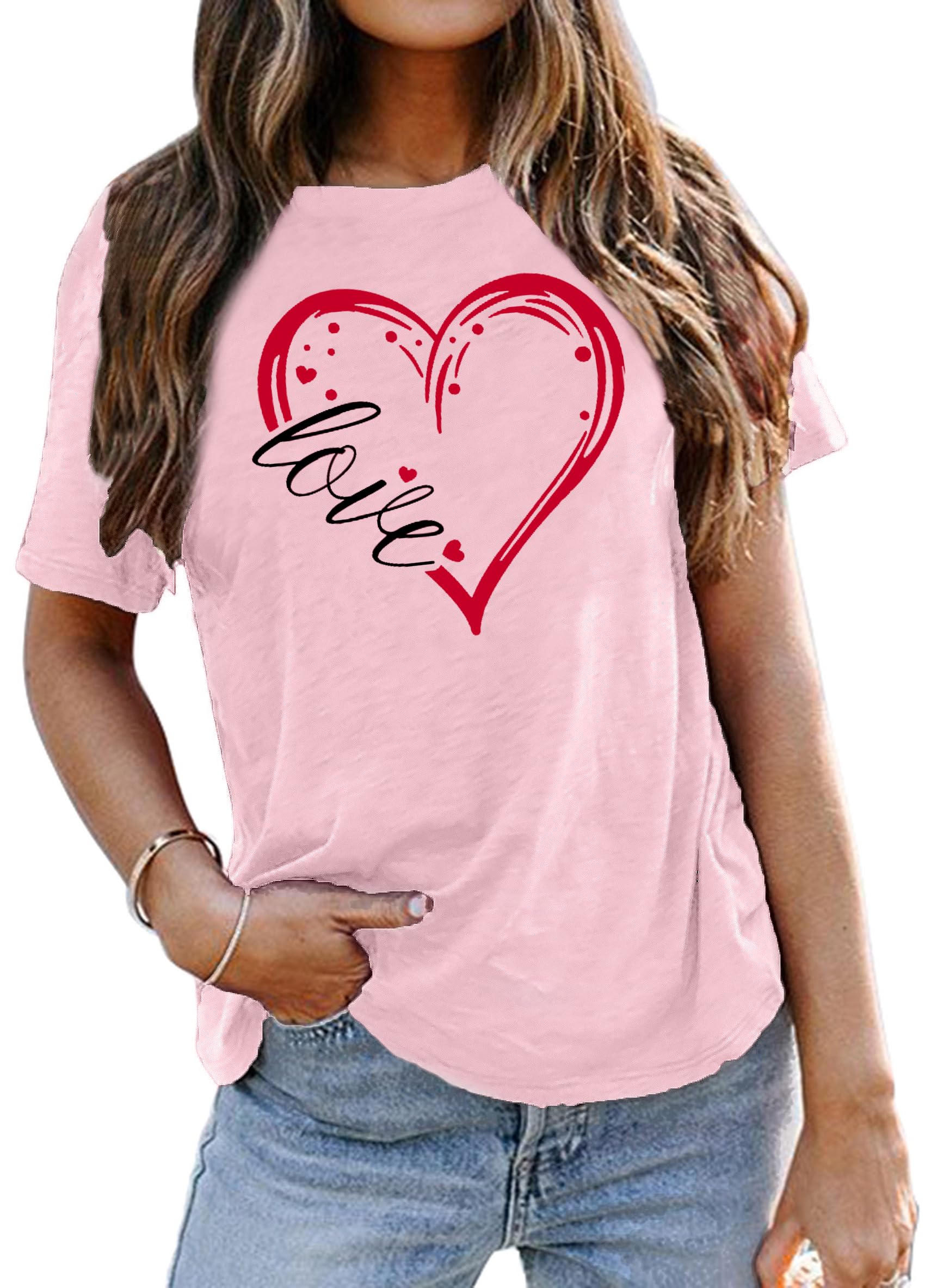Womens Valentines Shirts Cute Love Heart Tshirts Funny Teen Girl's Valentine's Short Sleeve E-Pink