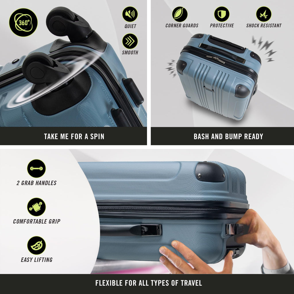 Kenneth Cole REACTION Out of Bounds Lightweight Hardshell 4-Wheel Spinner Luggage, Granite Blue, 3-Piece Set (20", 24", & 28")