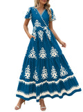 PRETTYGARDEN Womens 2026 Summer Casual V Neck Boho Maxi Dress Flowy Aline Bell Sleeve Tiered Floral Dresses with Pocket (Floral Lake Blue White,XX-Large)