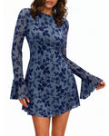 BTFBM Women Floral Wedding Guest Dress Spring 2026 Casual Long Sleeve Crew Neck Flowy Party Cocktail Mini Dresses(Floral Grey Blue,Small)