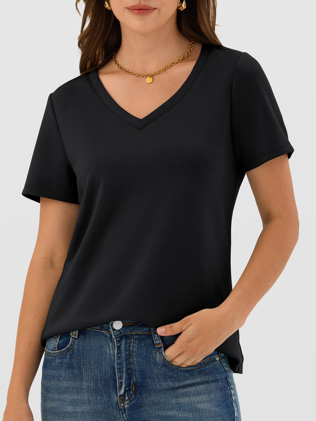 ANRABESS Womens Short Sleeve Tops Casual V Neck Wrinkle - Free Basic T Shirts Summer Cute Tee 2026 Spring Fashion Clothes Black Small